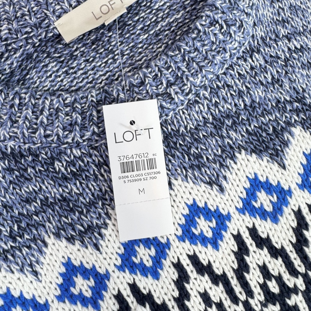 LOFT Sweater Womens Medium Blue White Fair Isle Pullover Crewneck Knit NWT New - Picture 4 of 9